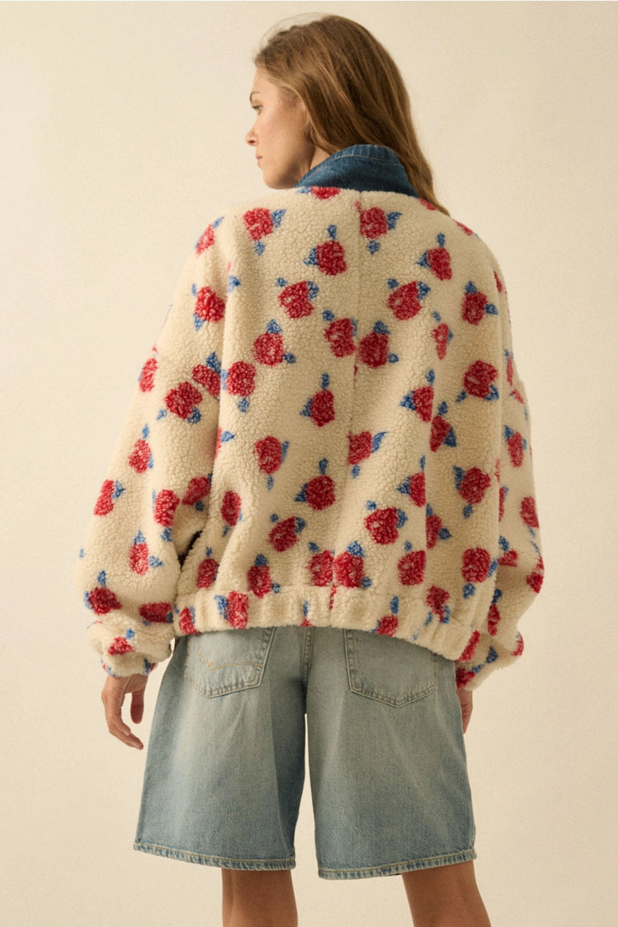 Floral Fleece and Denim Half Zip Pullover
