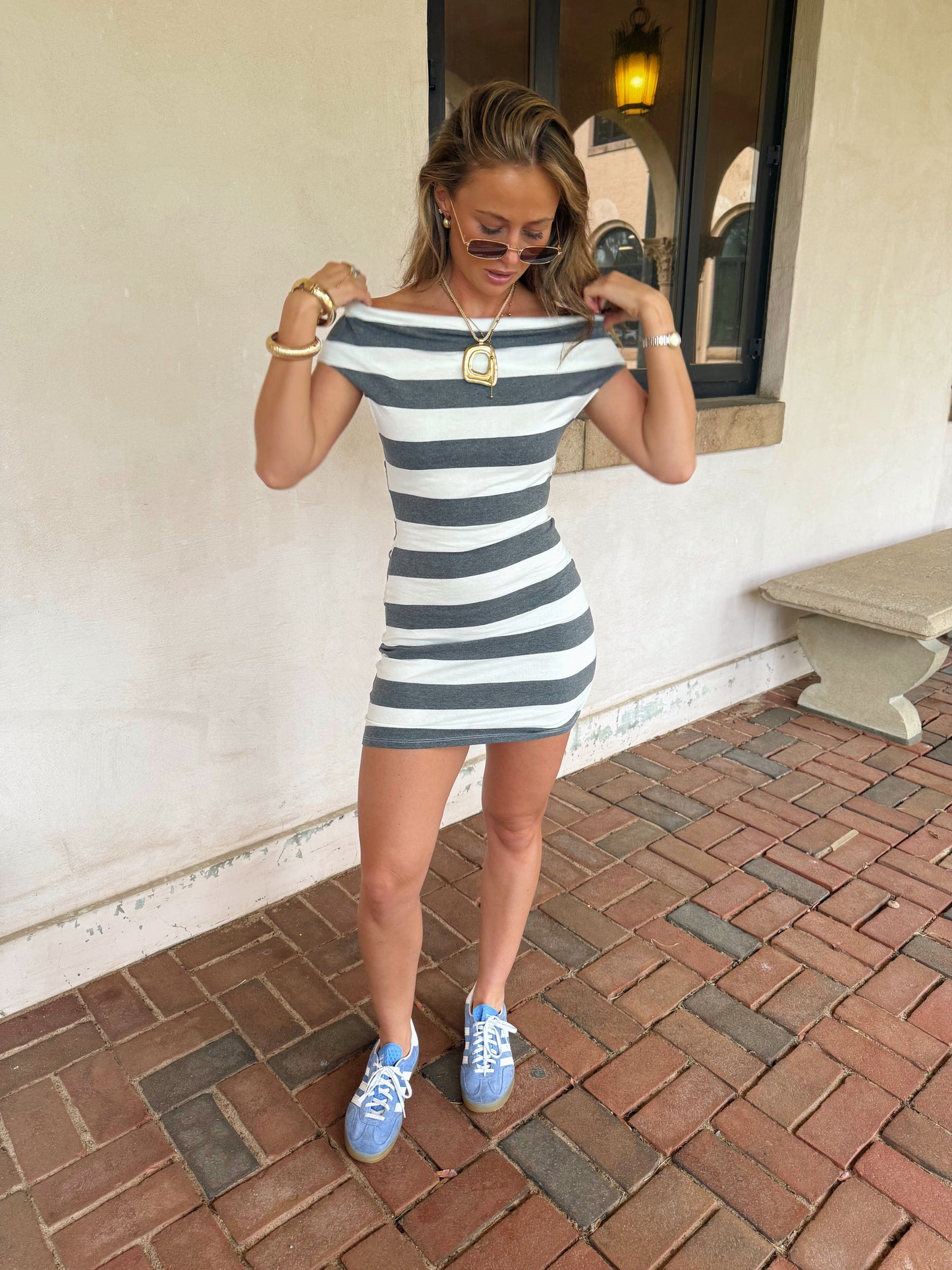 Striped Cowl Neck Mini Dress