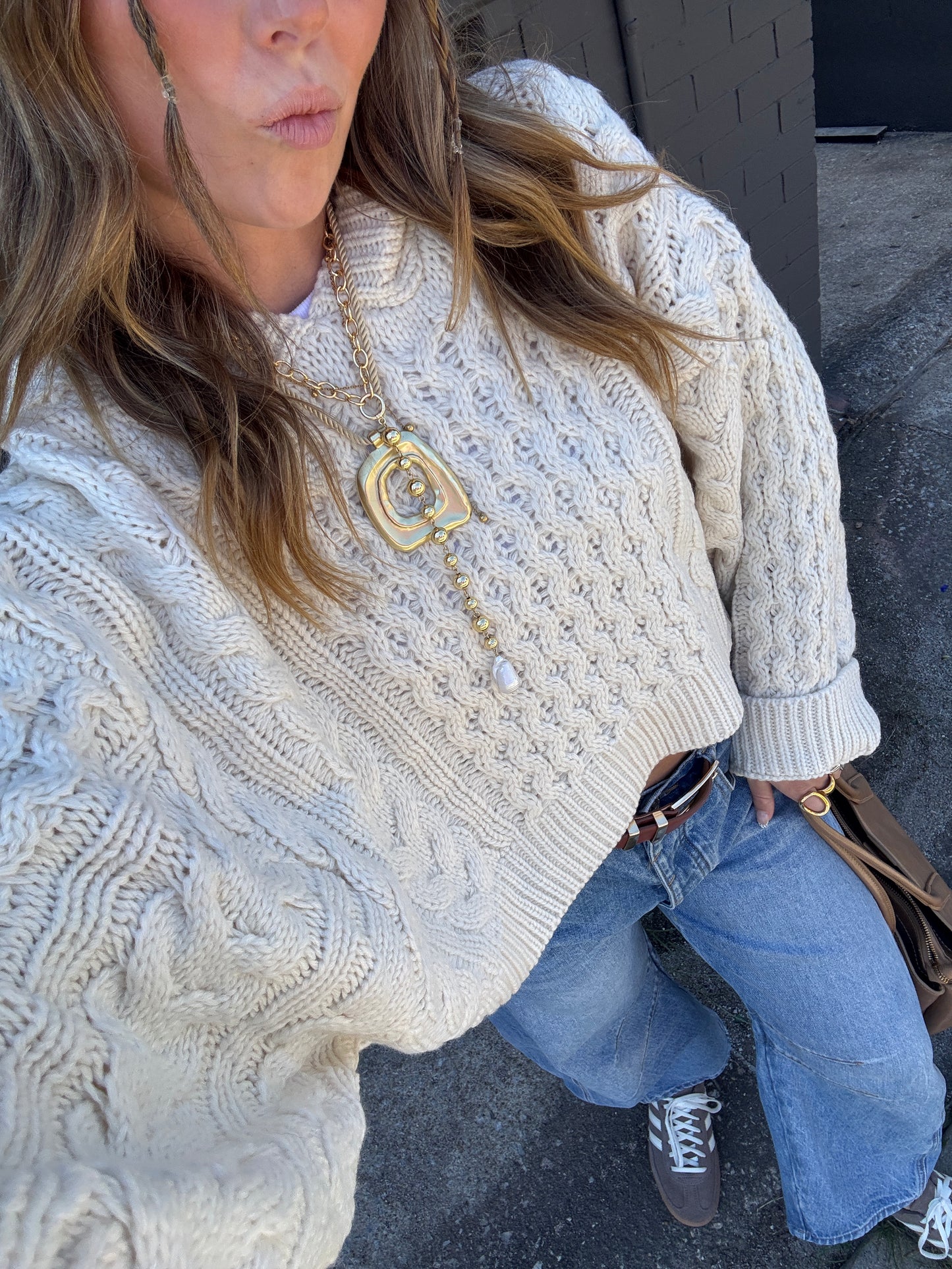 Cream Cropped Knit Hoodie