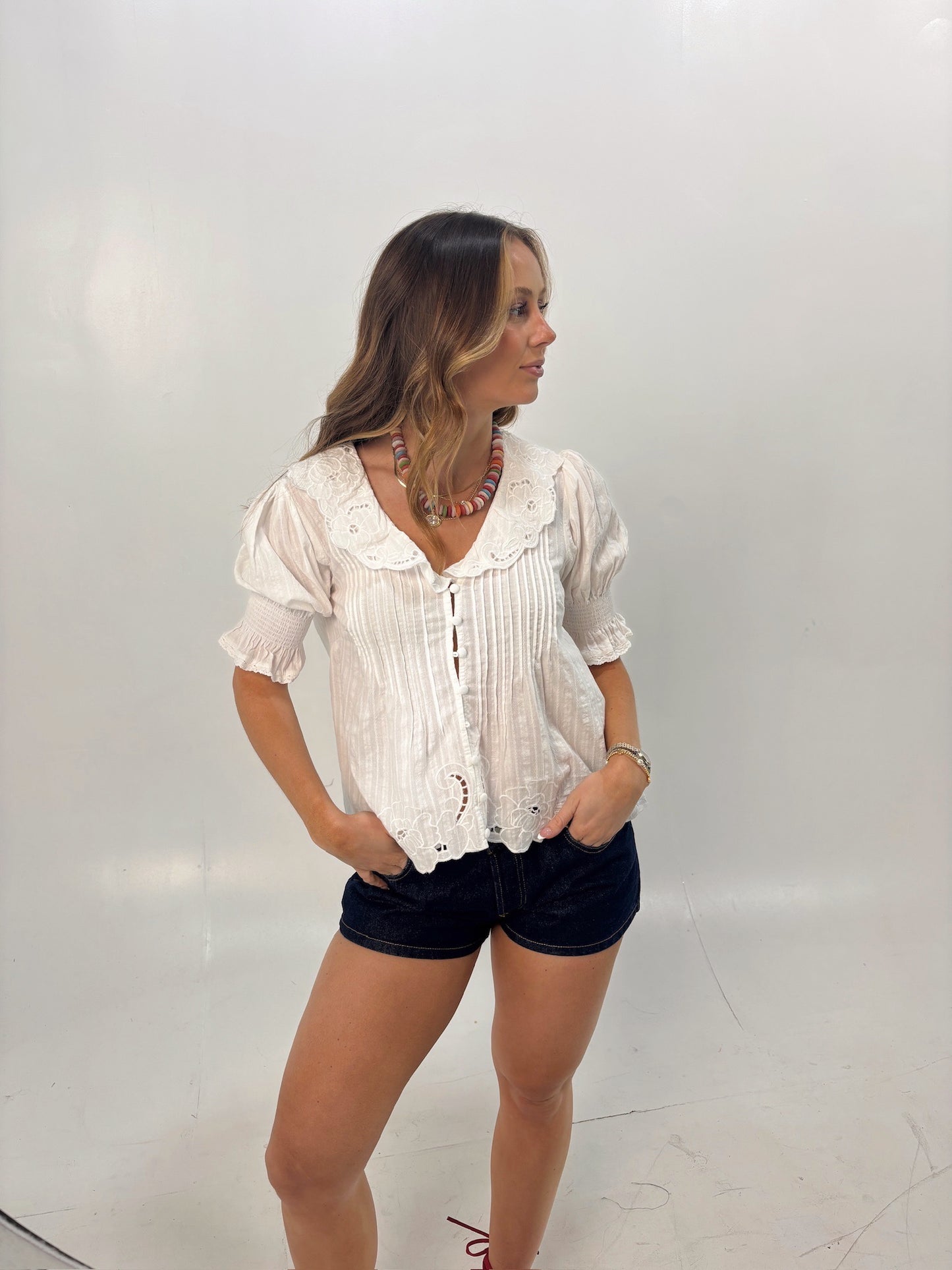 Ivory Embroidered Collar Button Blouse