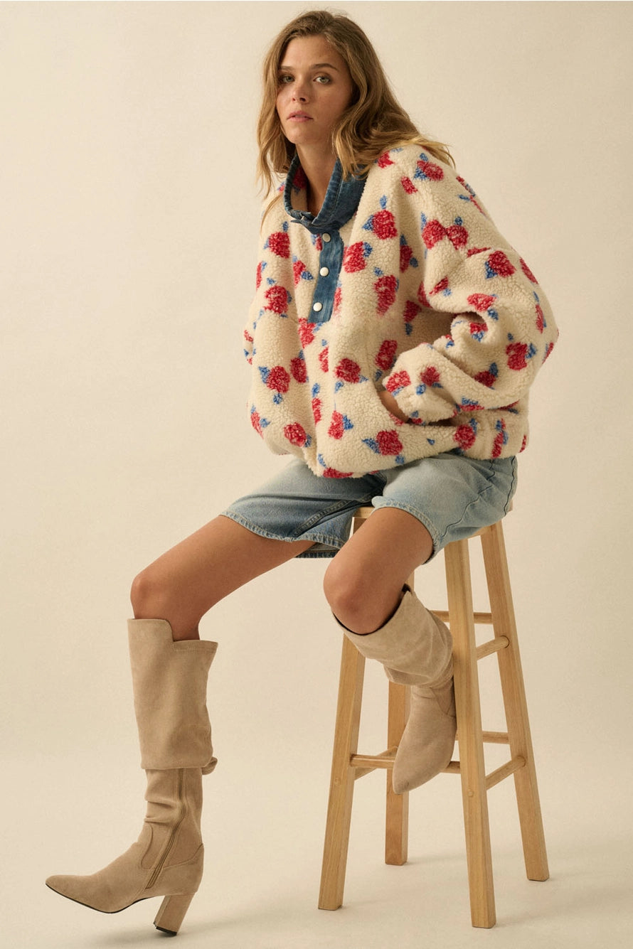 Floral Fleece and Denim Half Zip Pullover