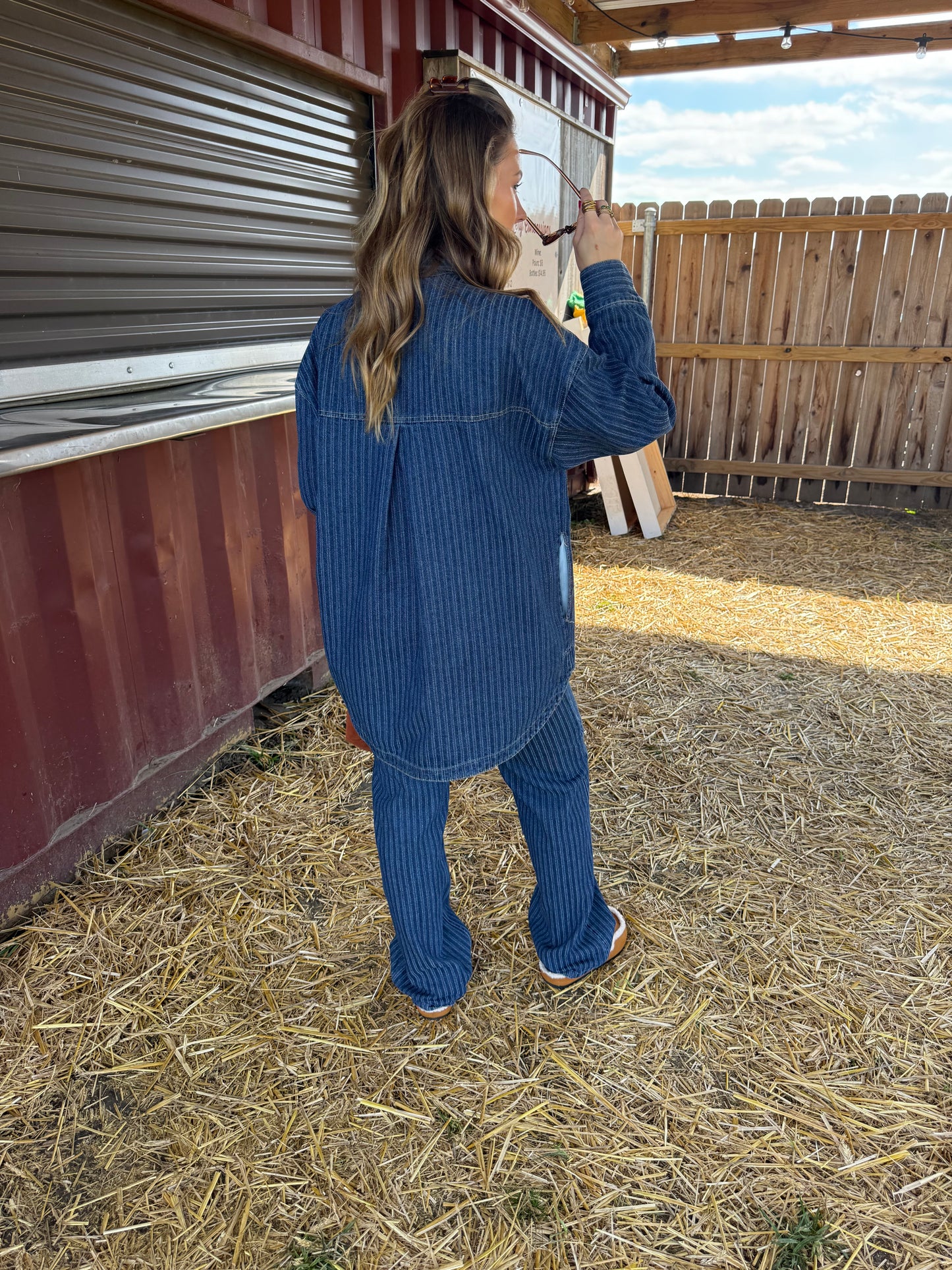 Striped Textured Denim Casual Oversized Shirt