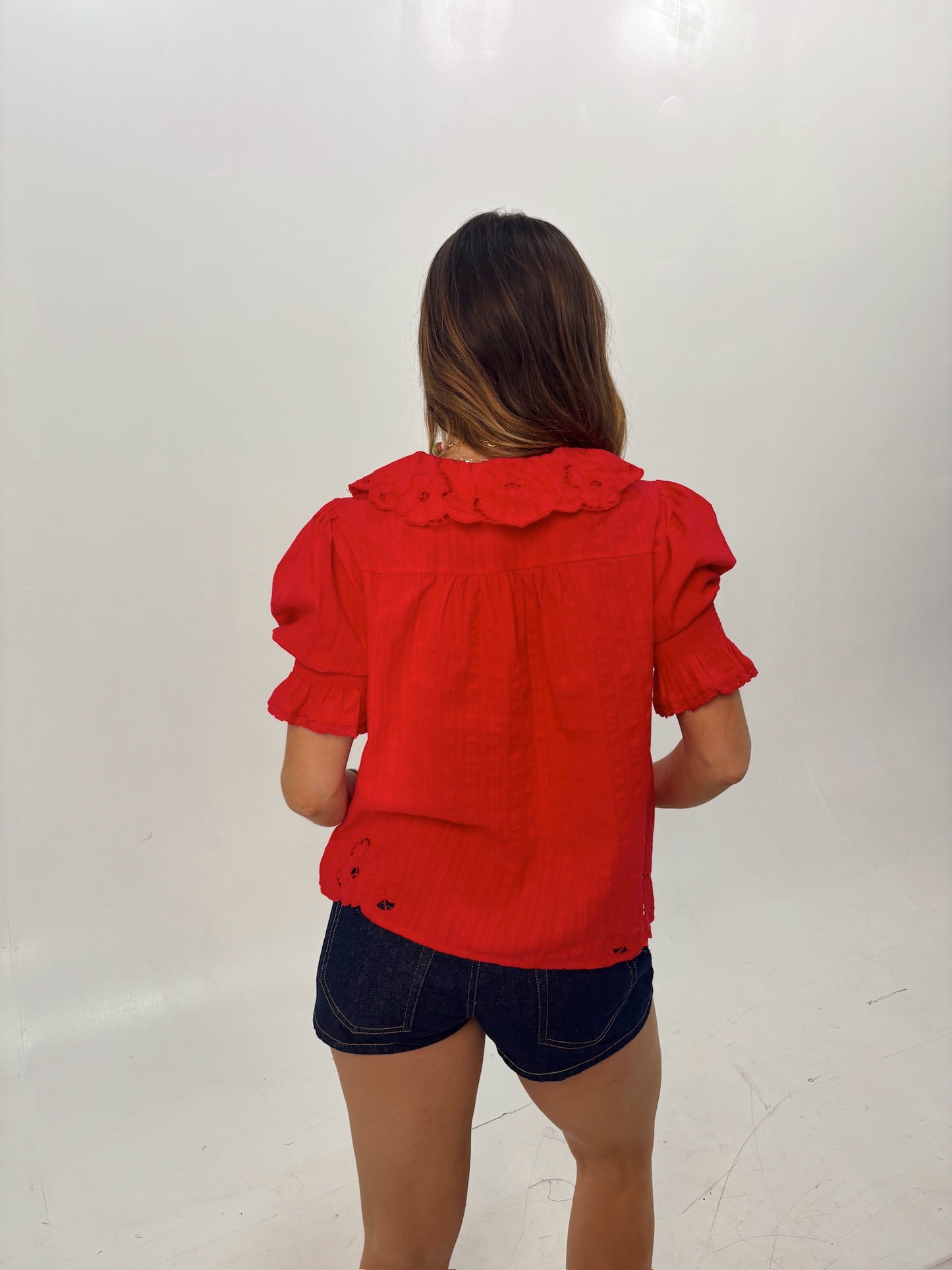 Tomato Red Embroidered Button Blouse