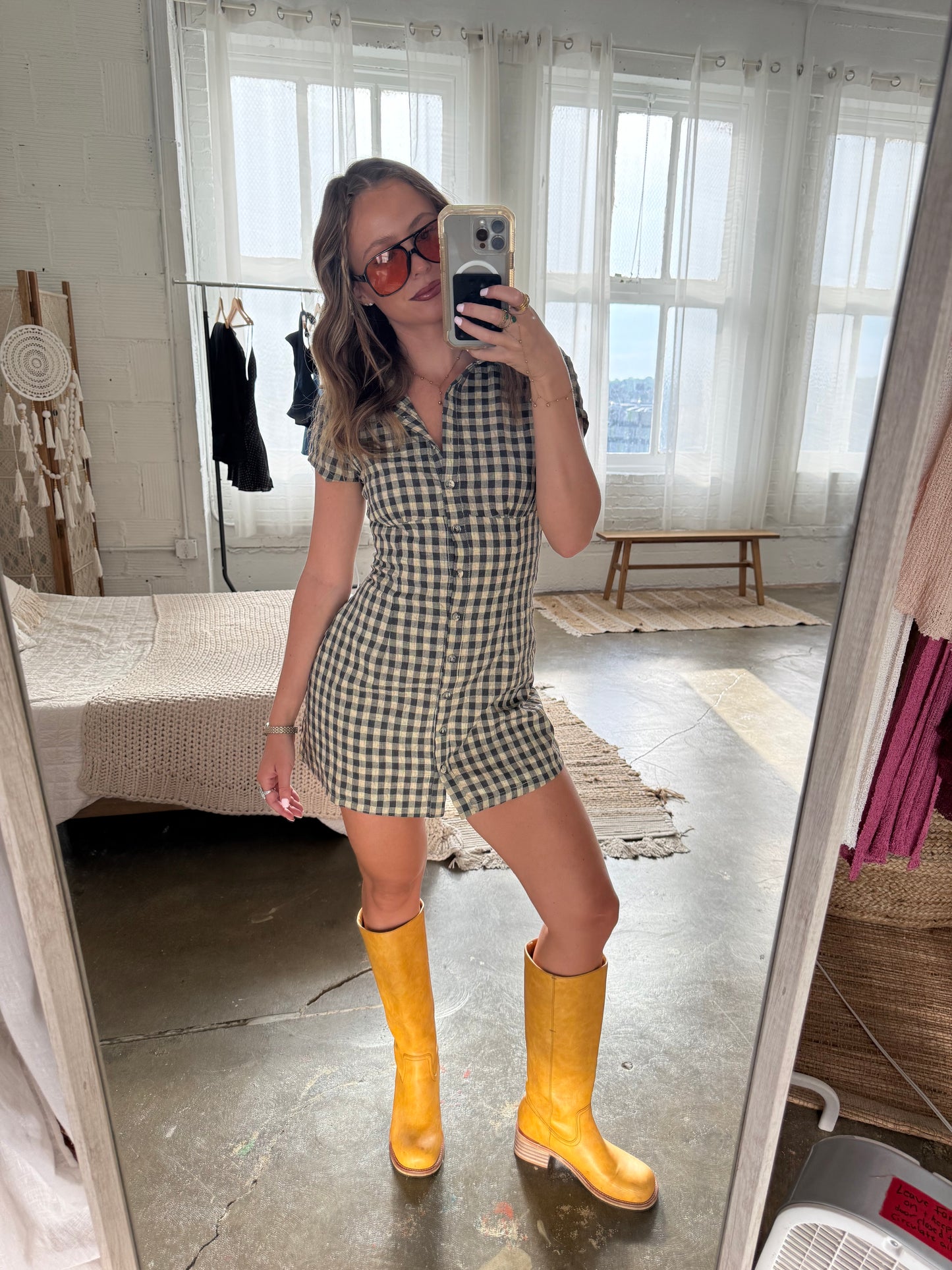 Natural Checker Mini Dress