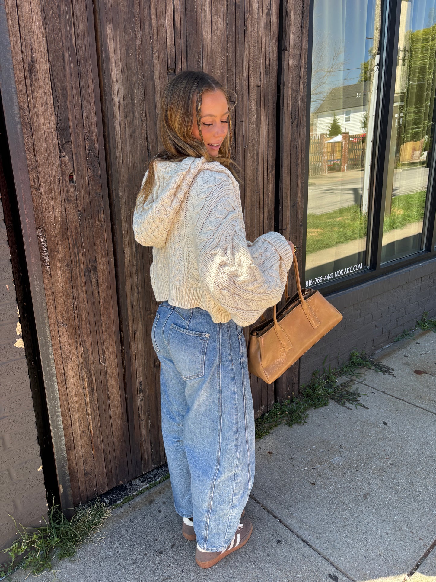 Cream Cropped Knit Hoodie