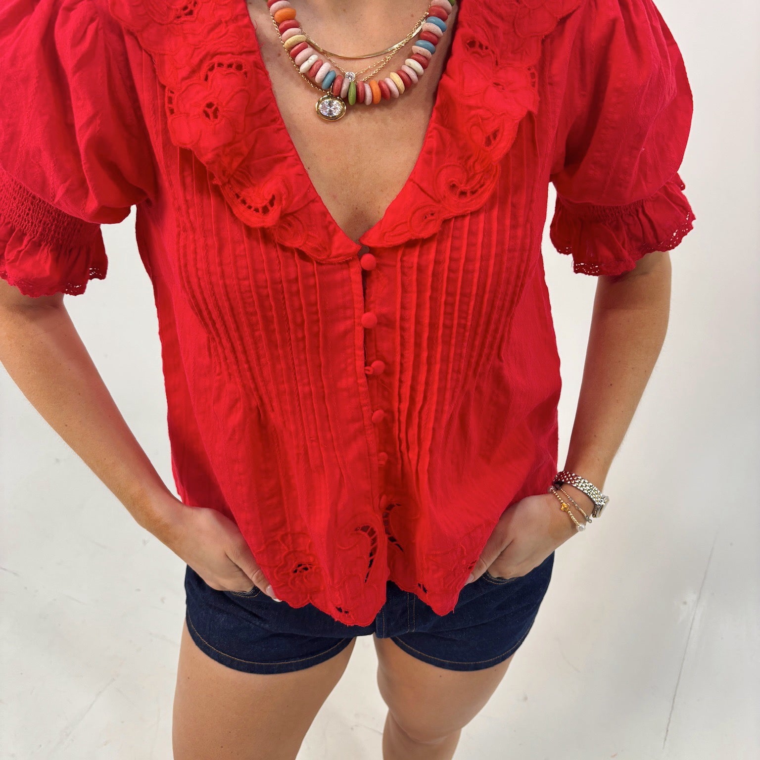 Tomato Red Embroidered Button Blouse