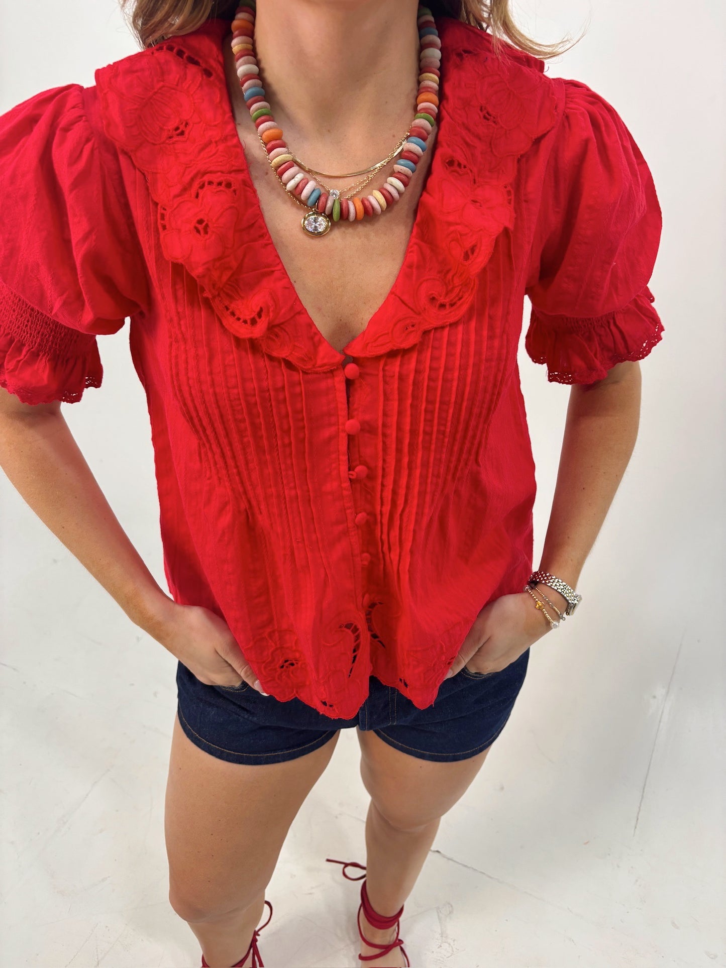 Tomato Red Embroidered Button Blouse