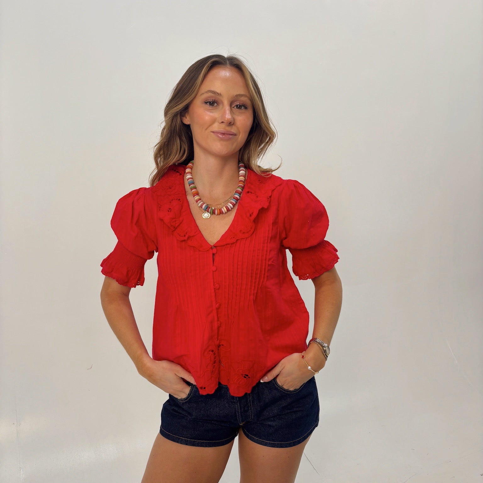 Tomato Red Embroidered Button Blouse
