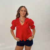 Tomato Red Embroidered Button Blouse