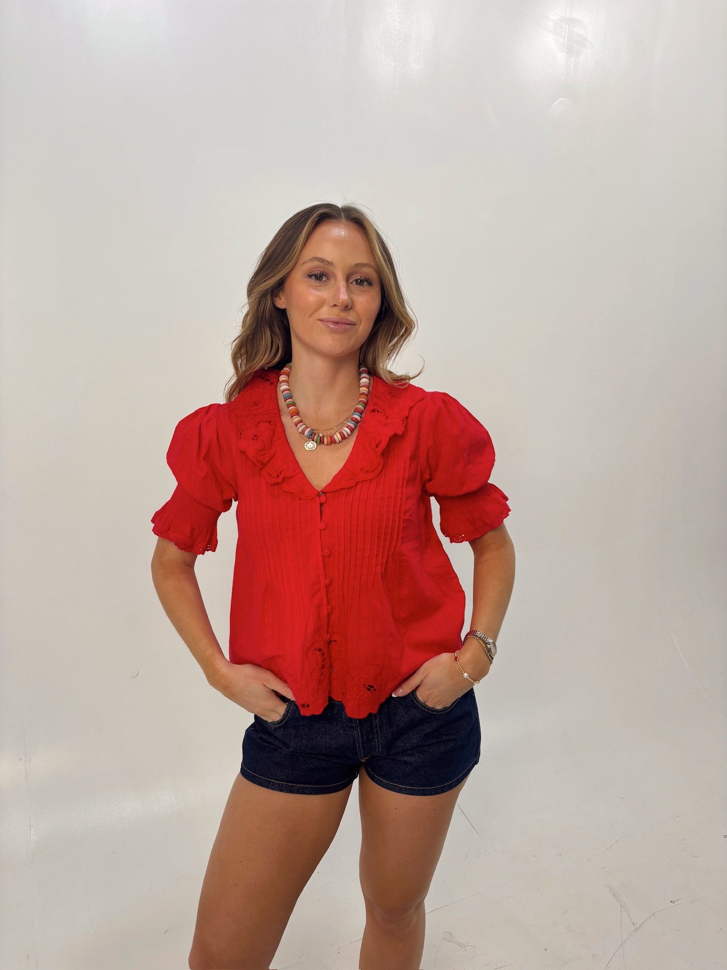 Tomato Red Embroidered Button Blouse