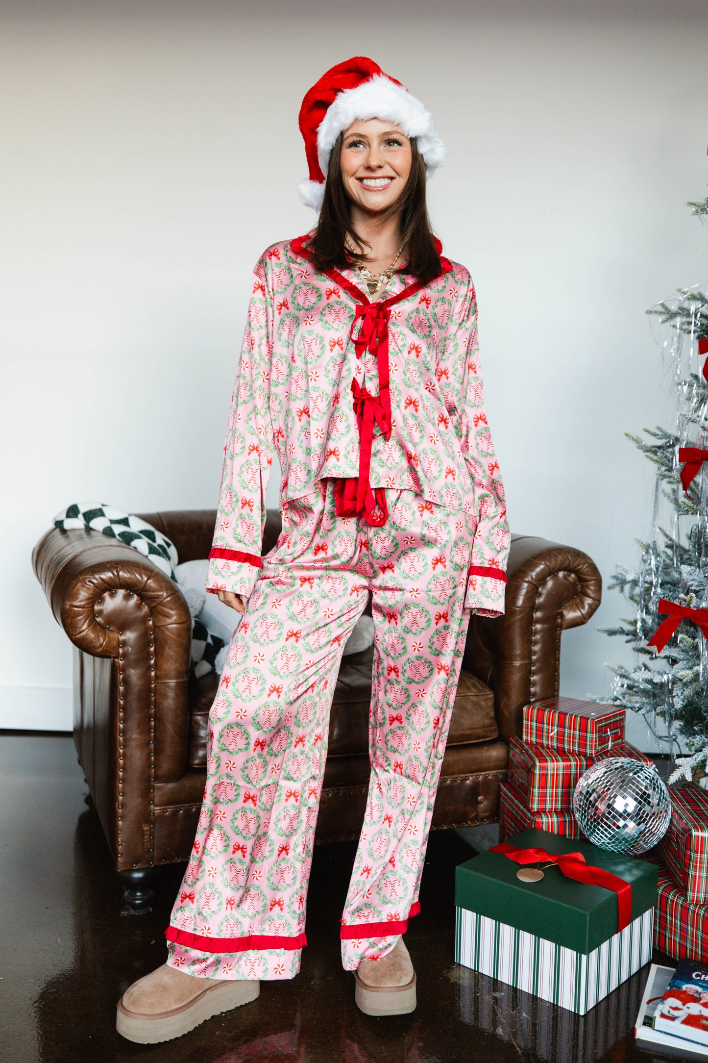 Wreath Satin Pajama Set (PINK)