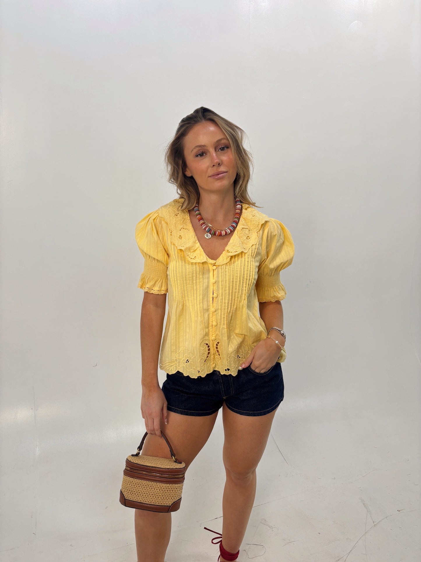 Butter Yellow Embroidered Collar Button Blouse