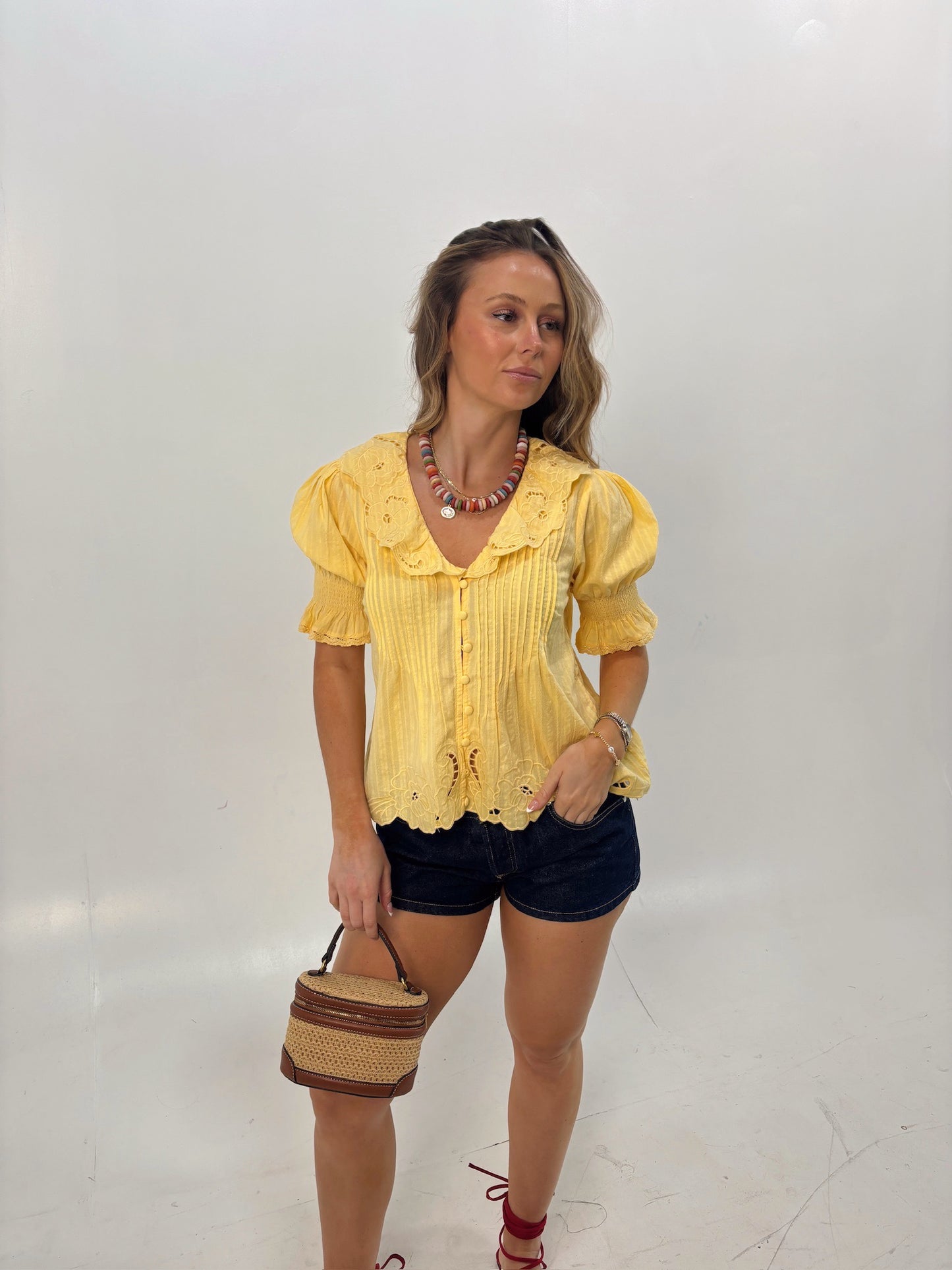 Butter Yellow Embroidered Collar Button Blouse