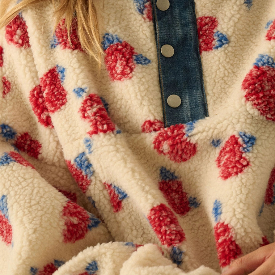 Floral Fleece and Denim Half Zip Pullover