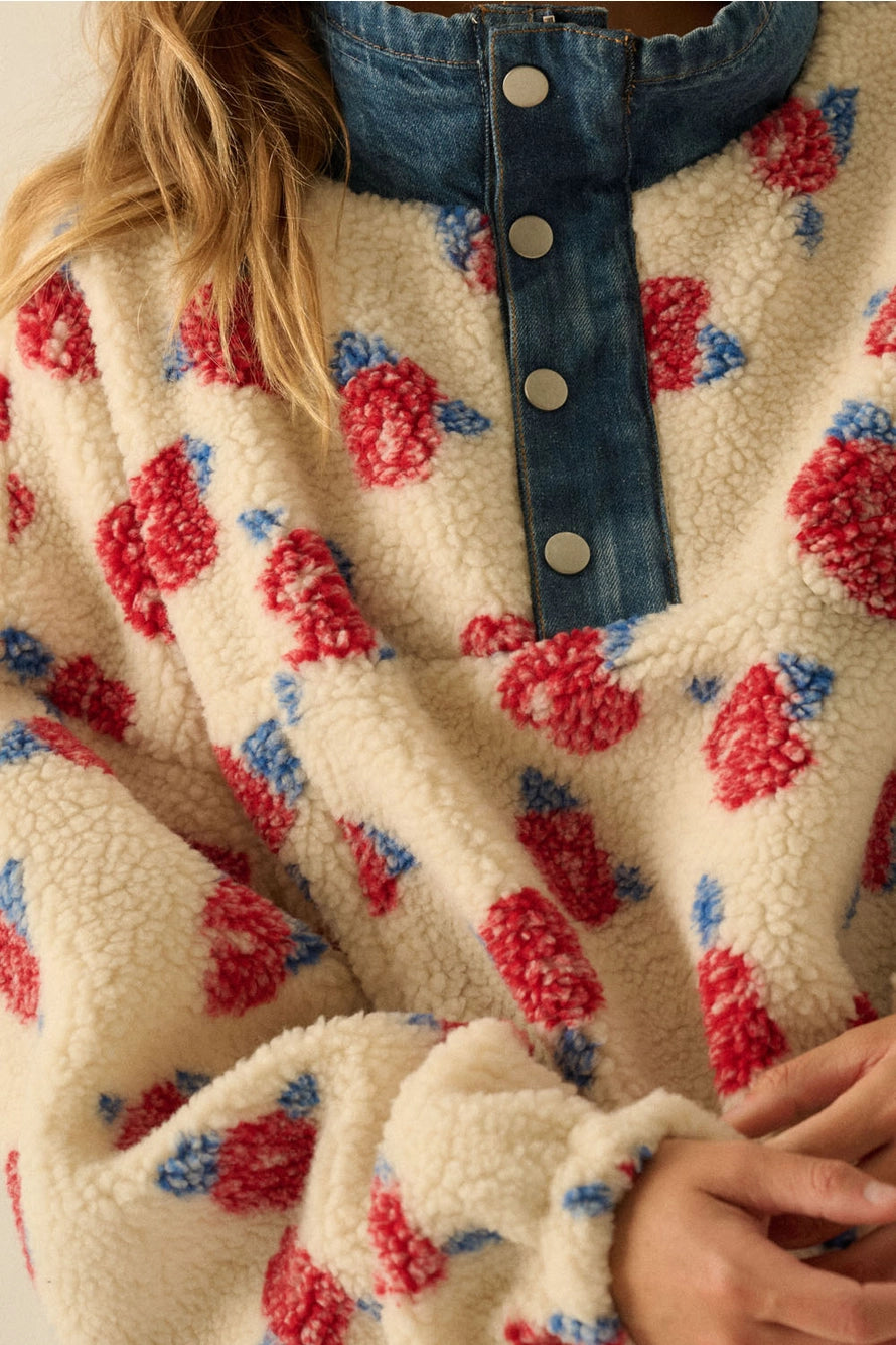 Floral Fleece and Denim Half Zip Pullover