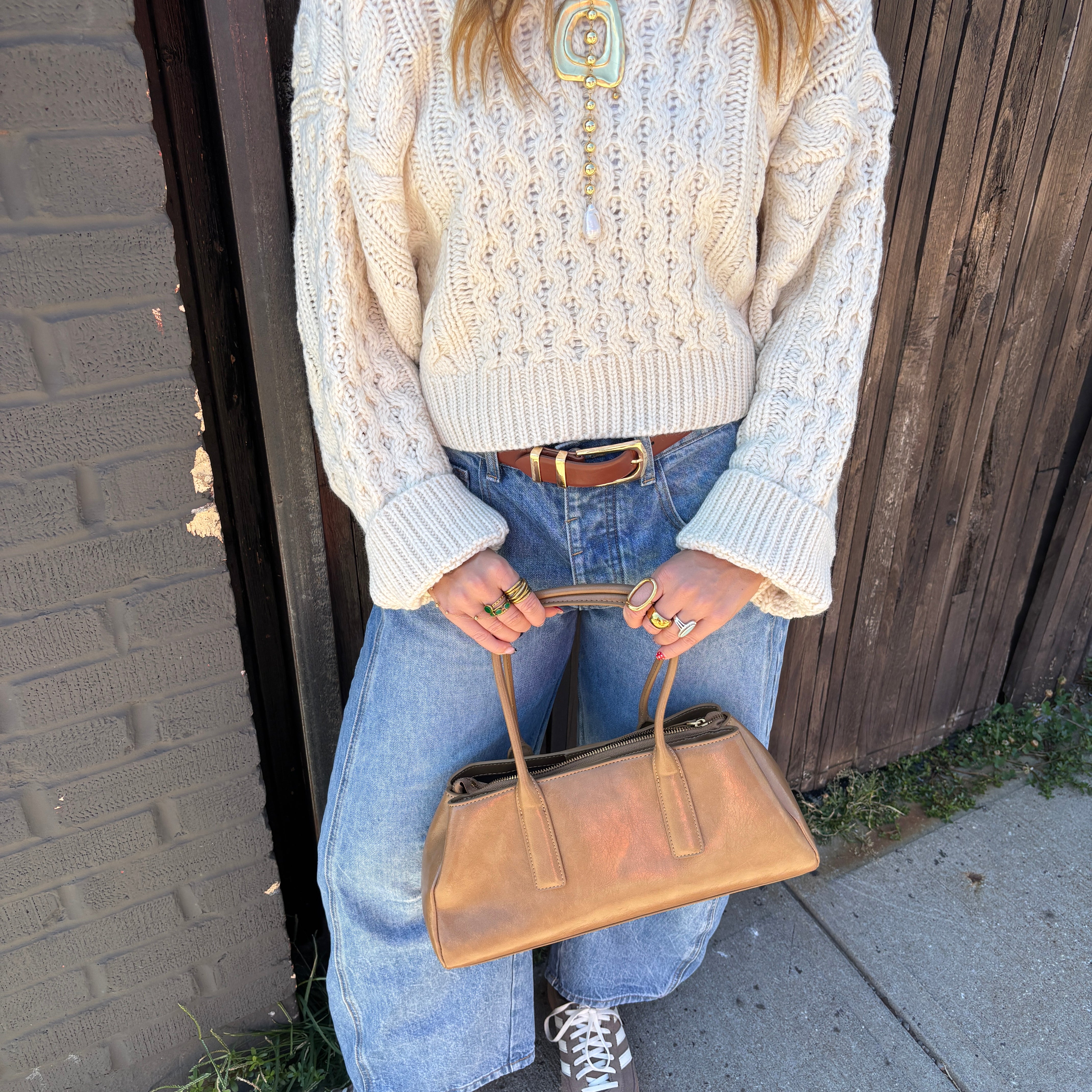 Cream Cropped Knit Hoodie