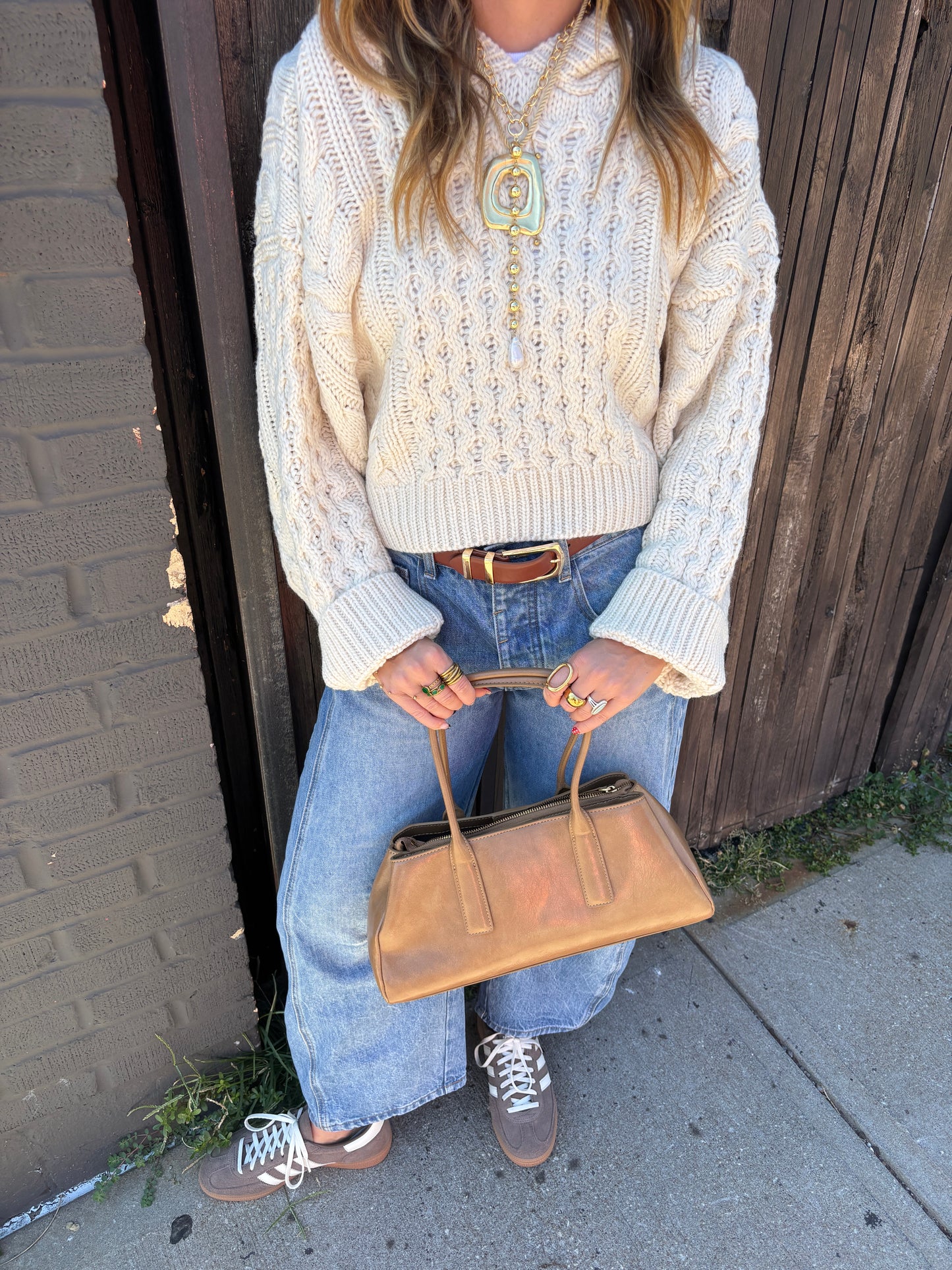 Cream Cropped Knit Hoodie