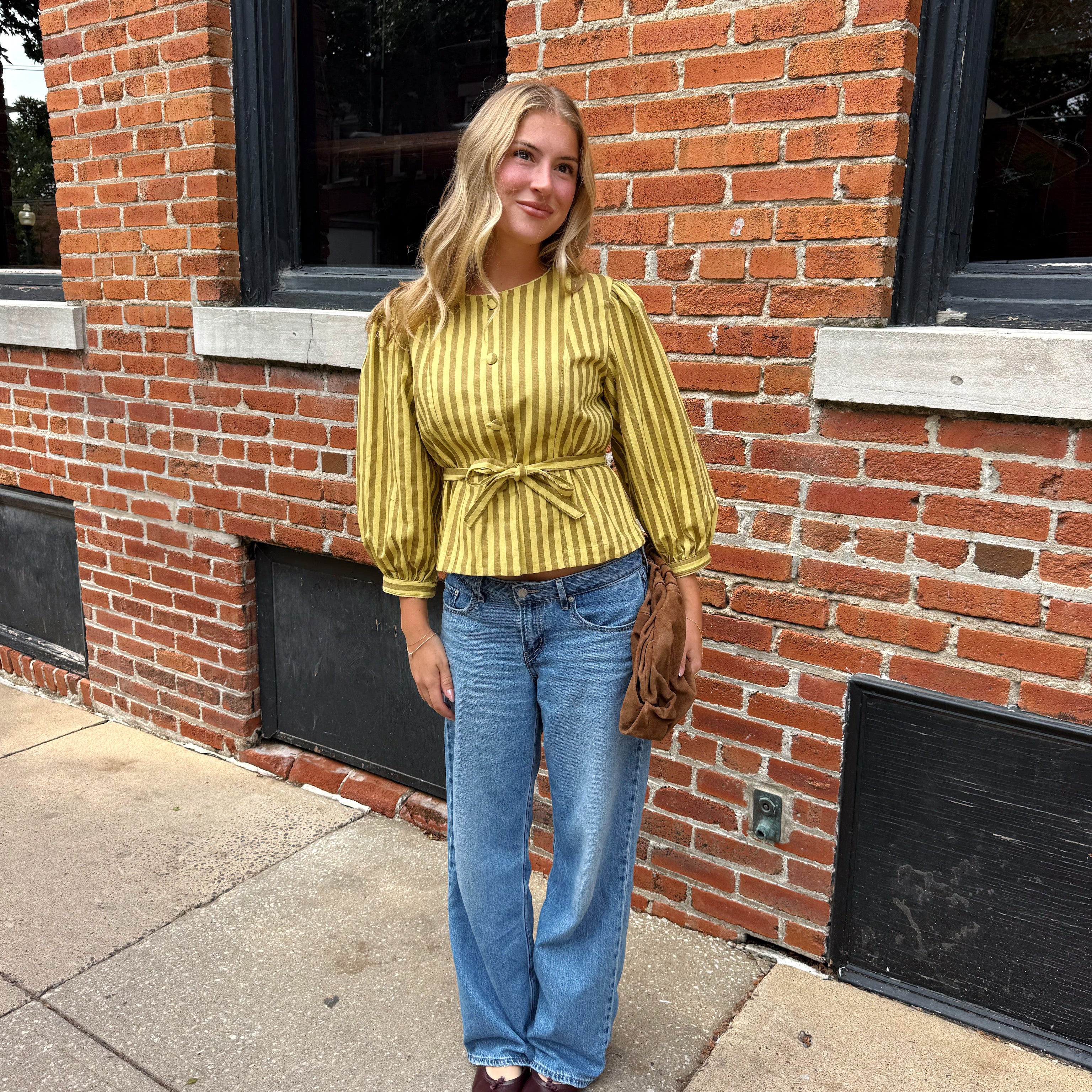 Benica Striped Belted Peplum Blouse