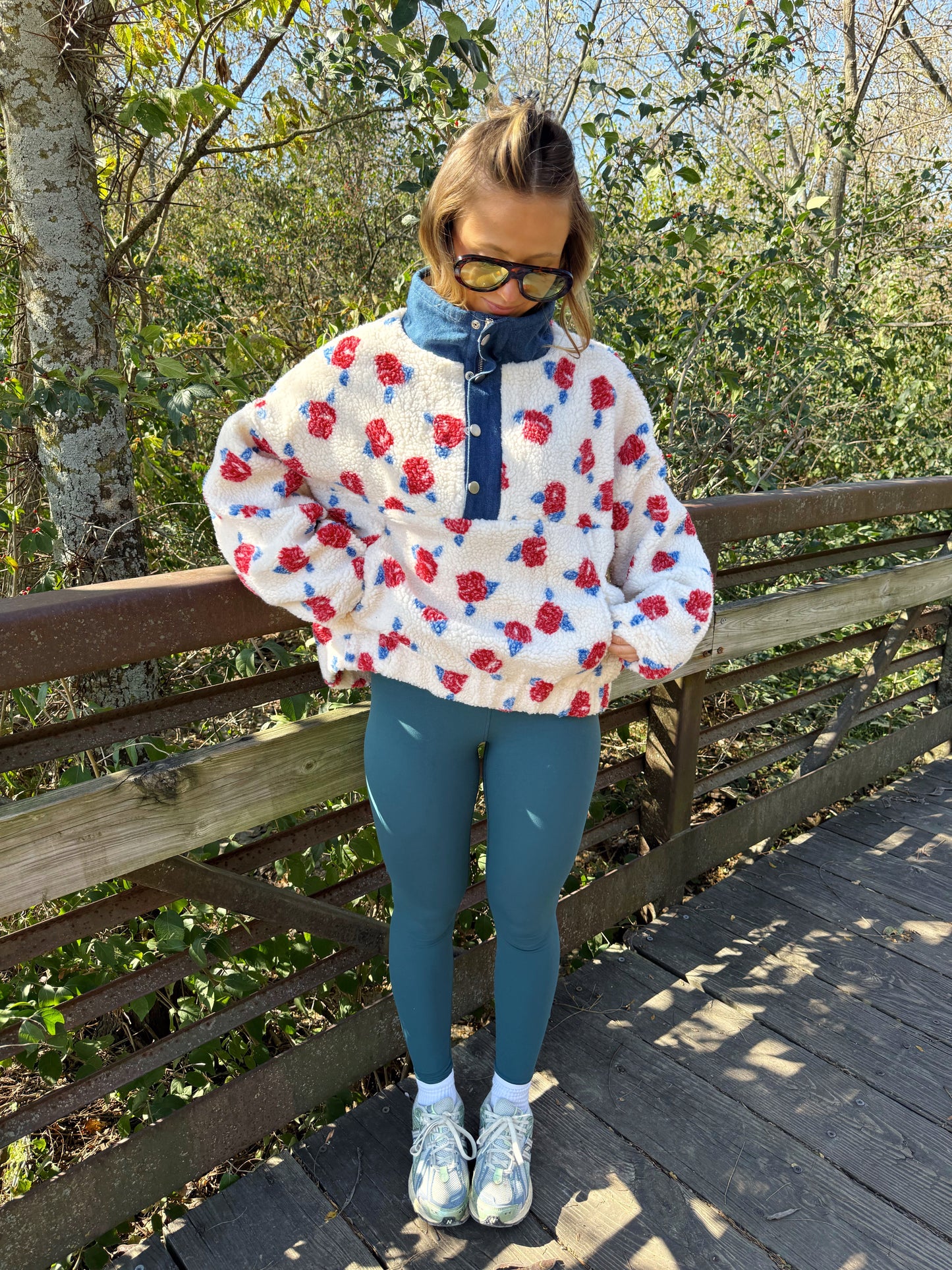Floral Fleece and Denim Half Zip Pullover