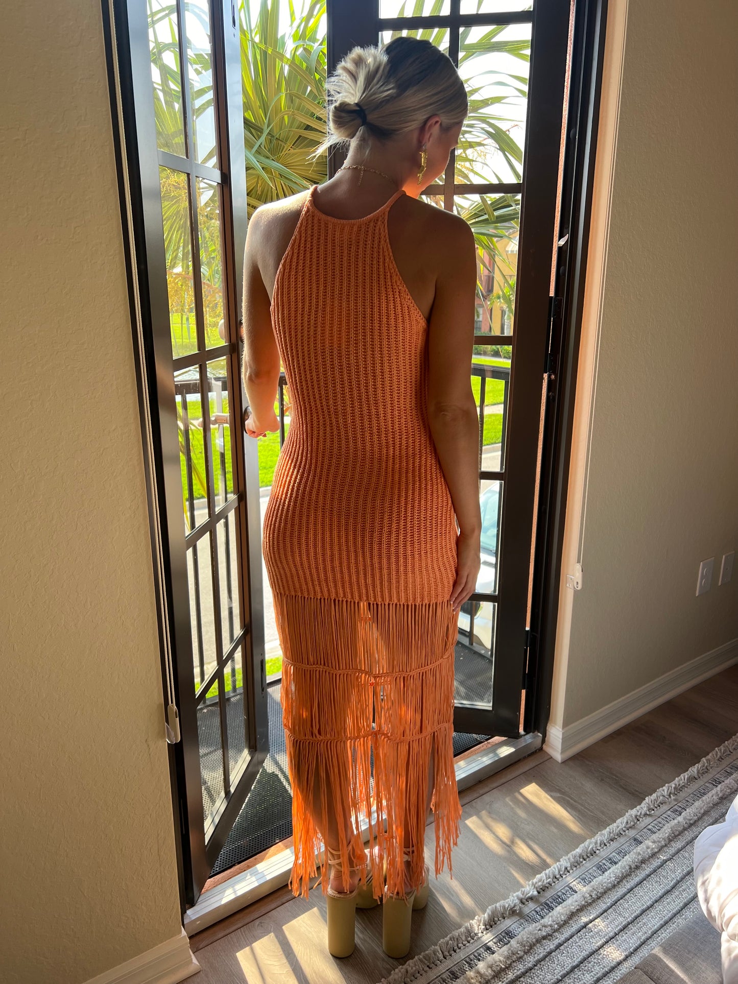 Orange Fringe Knit Dress