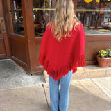 Maxine Fringe Knit Poncho in Red
