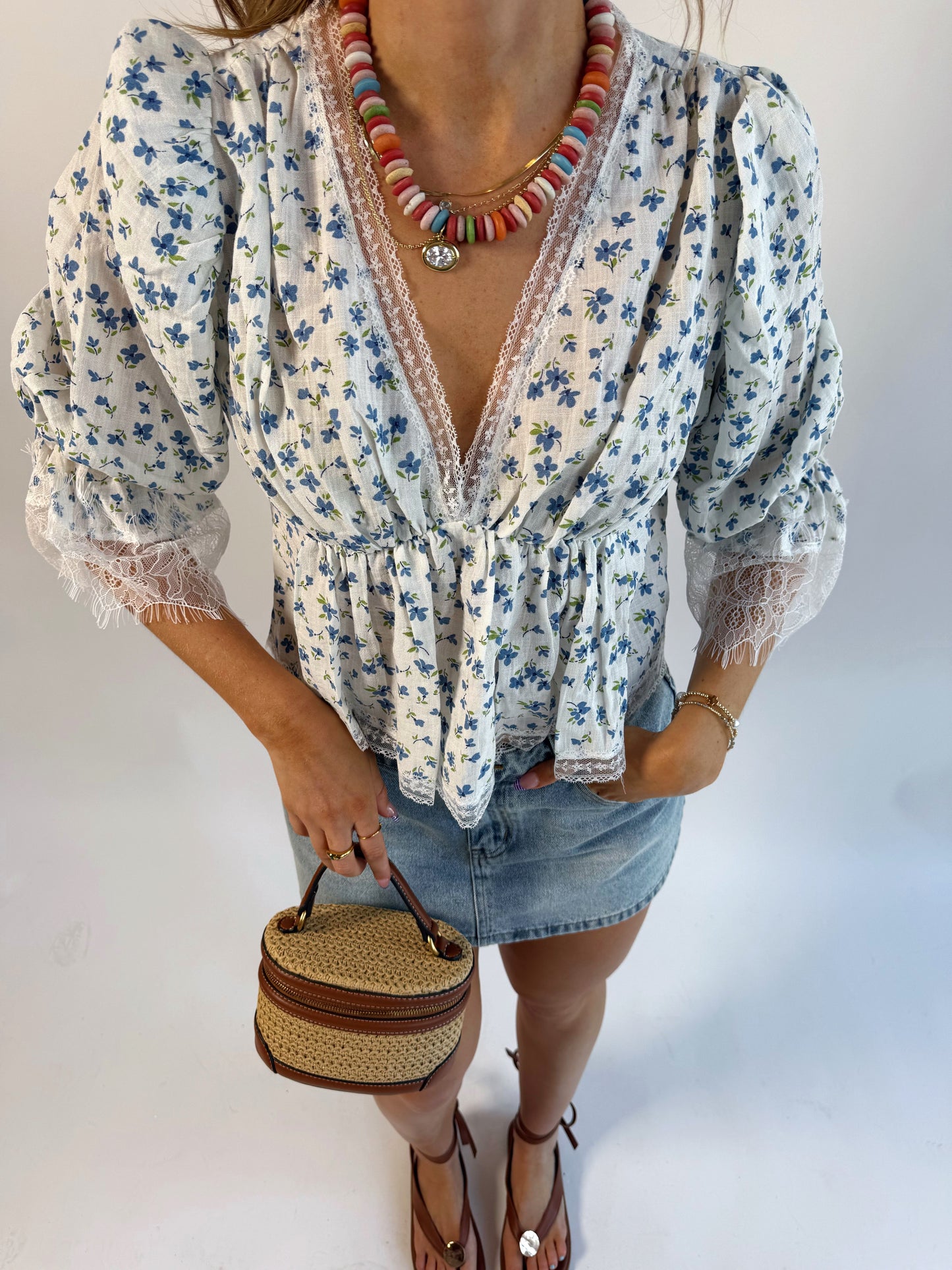Ditsy Half Puff Sleeve Floral Blouse
