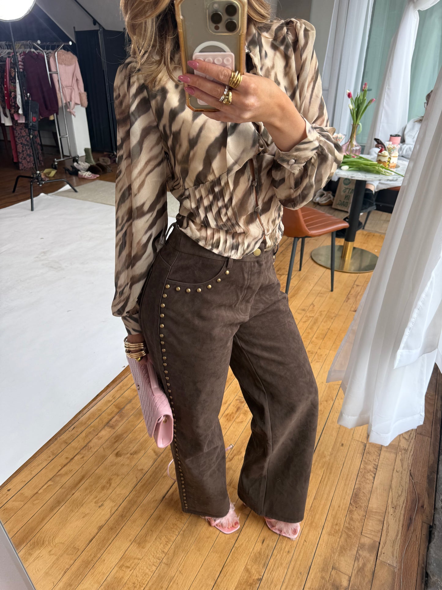 Brown Suede Studded Pants