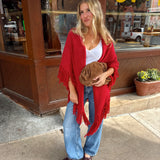Maxine Fringe Knit Poncho in Red