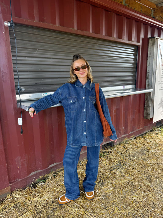 Striped Textured Denim Casual Oversized Shirt