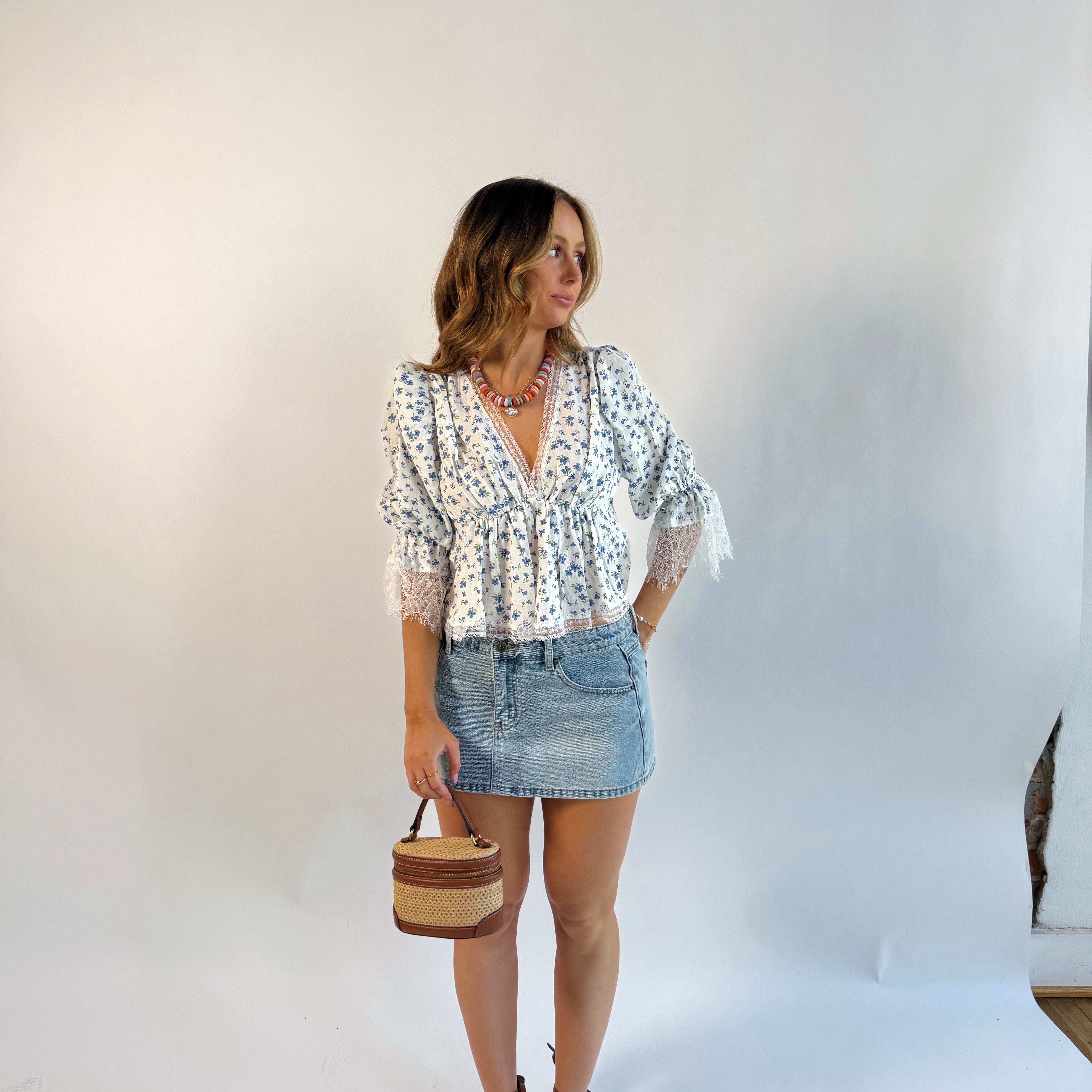 Ditsy Half Puff Sleeve Floral Blouse