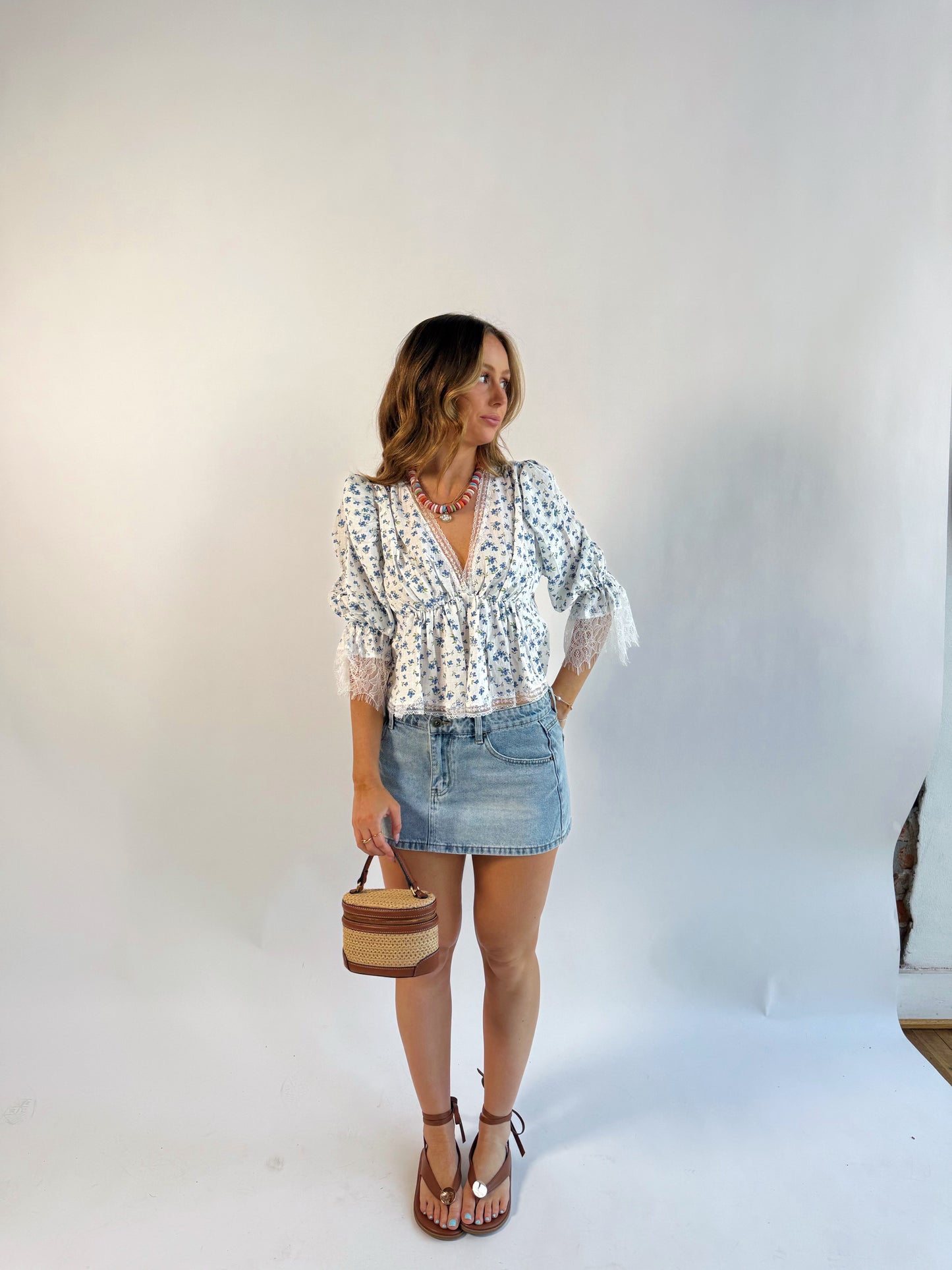 Ditsy Half Puff Sleeve Floral Blouse