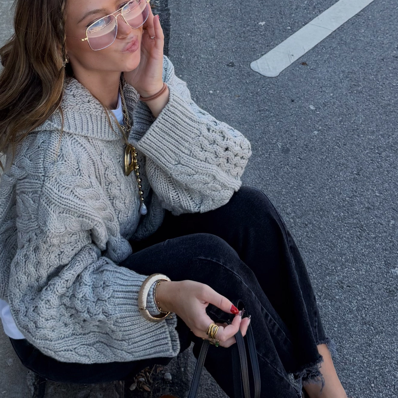 Heather Grey Cropped Knit Hoodie