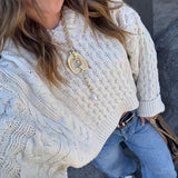 Cream Cropped Knit Hoodie