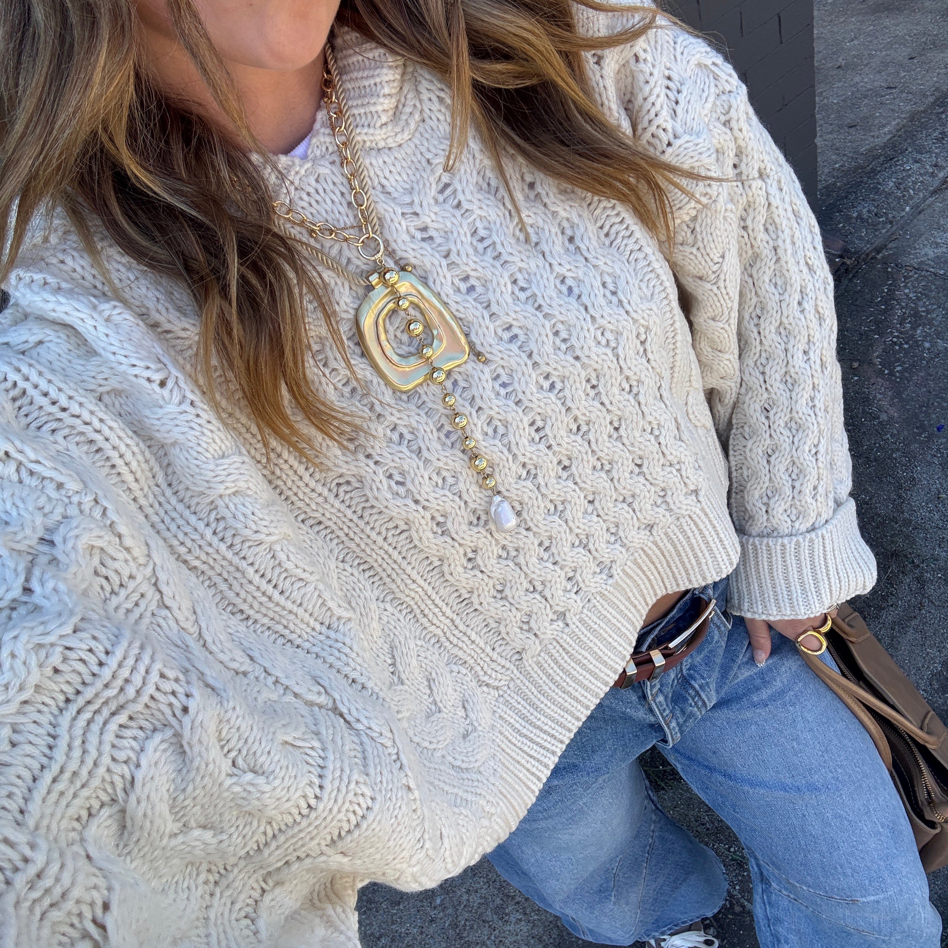 Cream Cropped Knit Hoodie