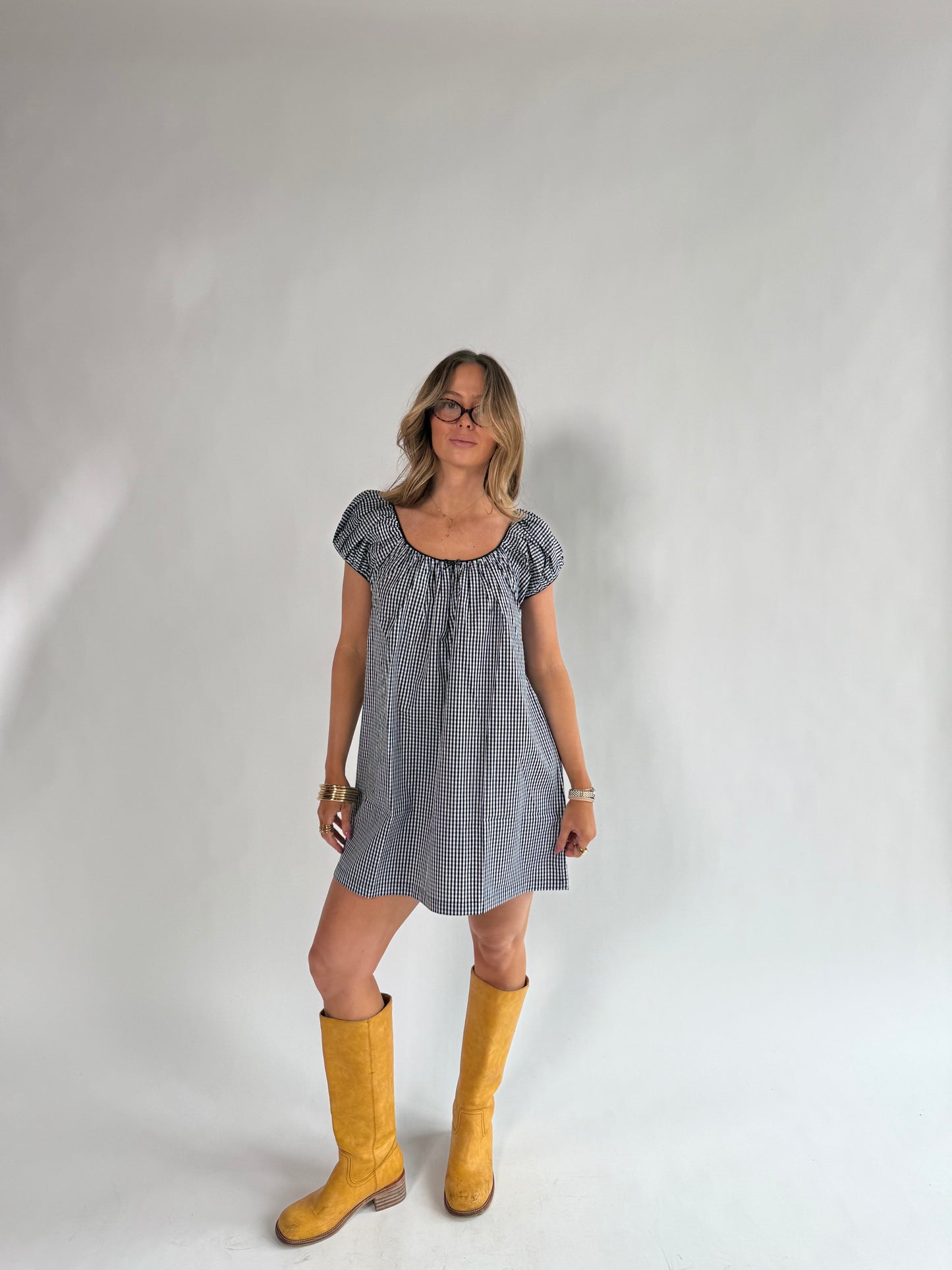 Kara Baby Doll Dress (Black Gingham)