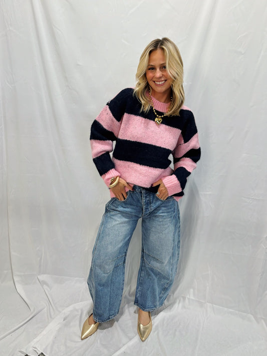 Navy and Pink Striped Sweater