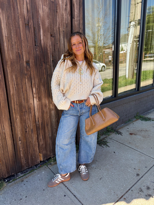 Cream Cropped Knit Hoodie