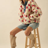 Floral Fleece and Denim Half Zip Pullover