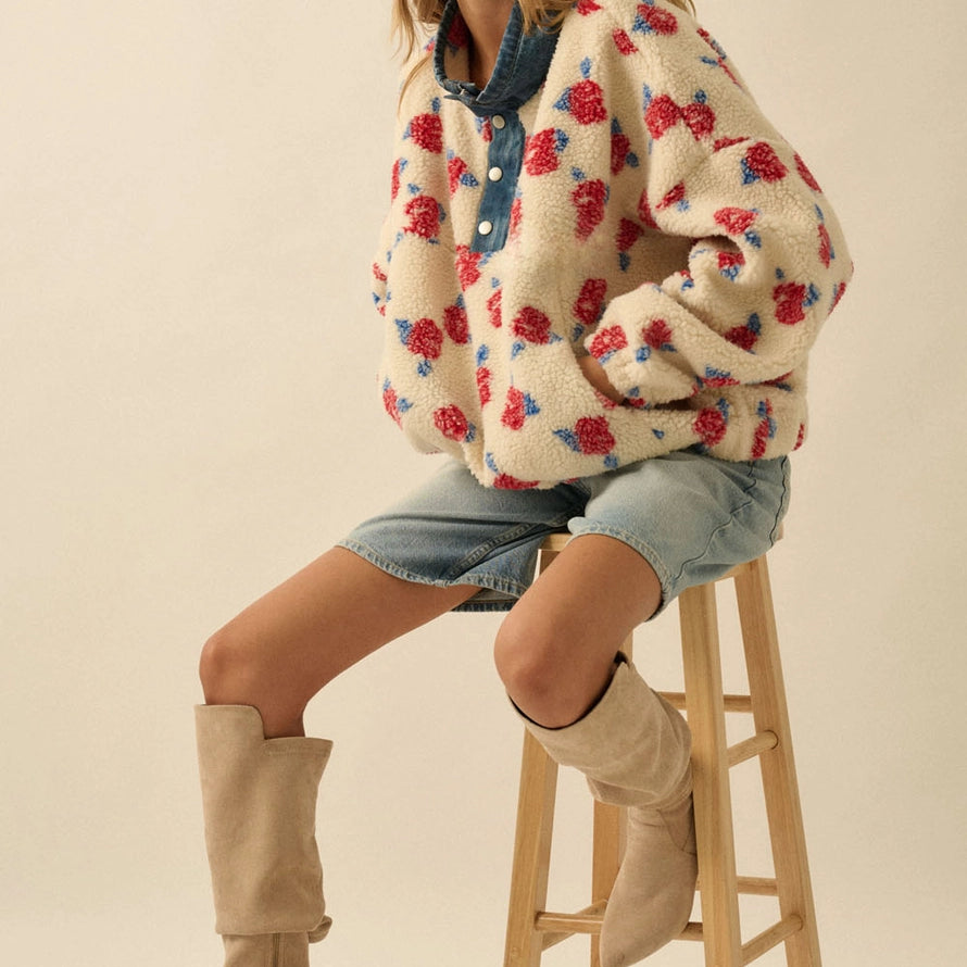 Floral Fleece and Denim Half Zip Pullover