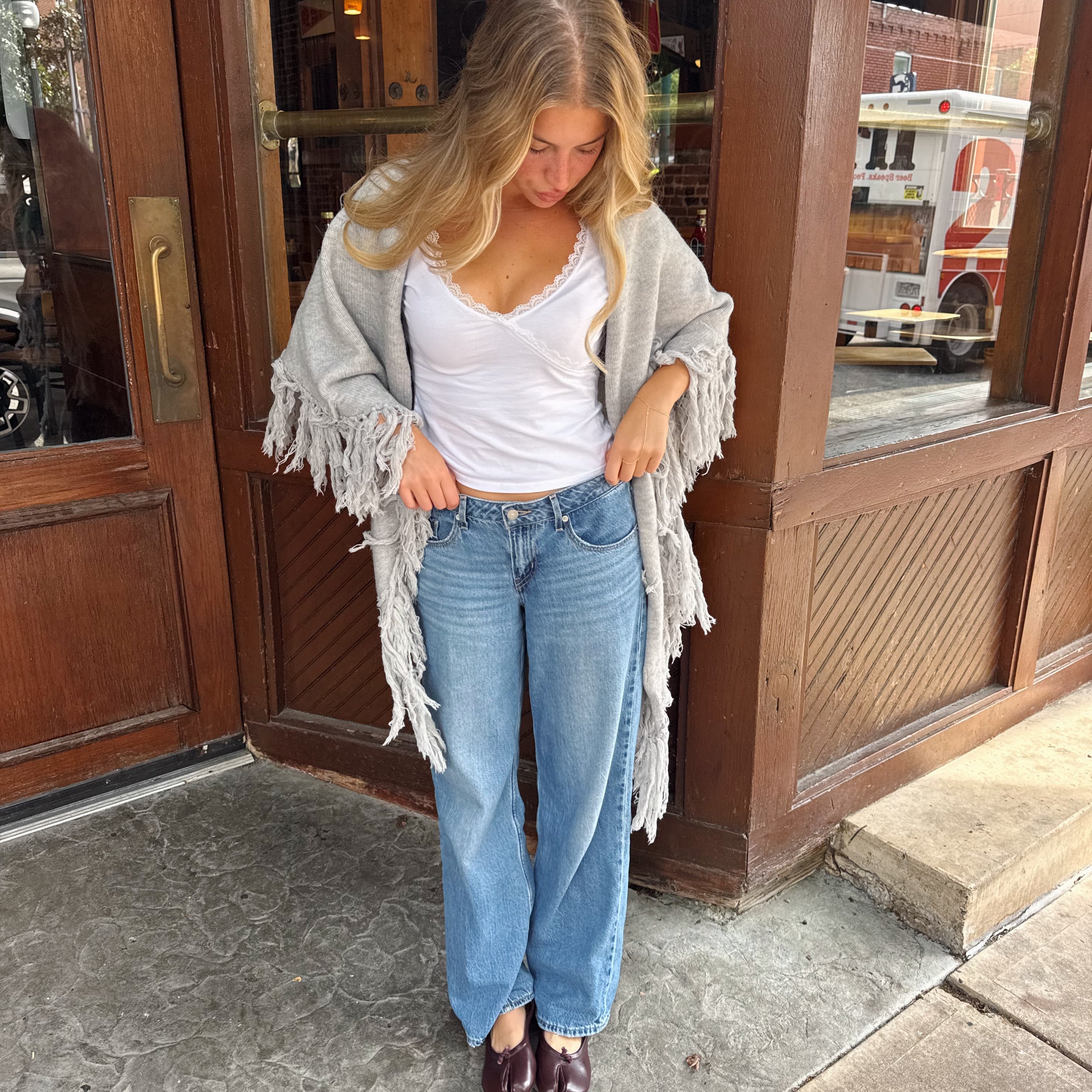 Maxine Fringe Knit Poncho in Grey