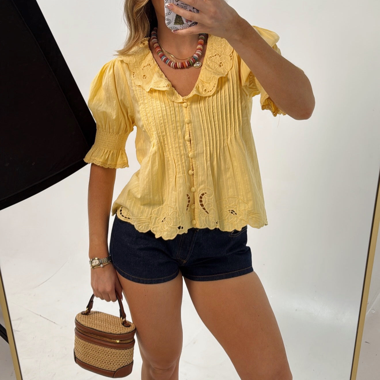 Butter Yellow Embroidered Collar Button Blouse