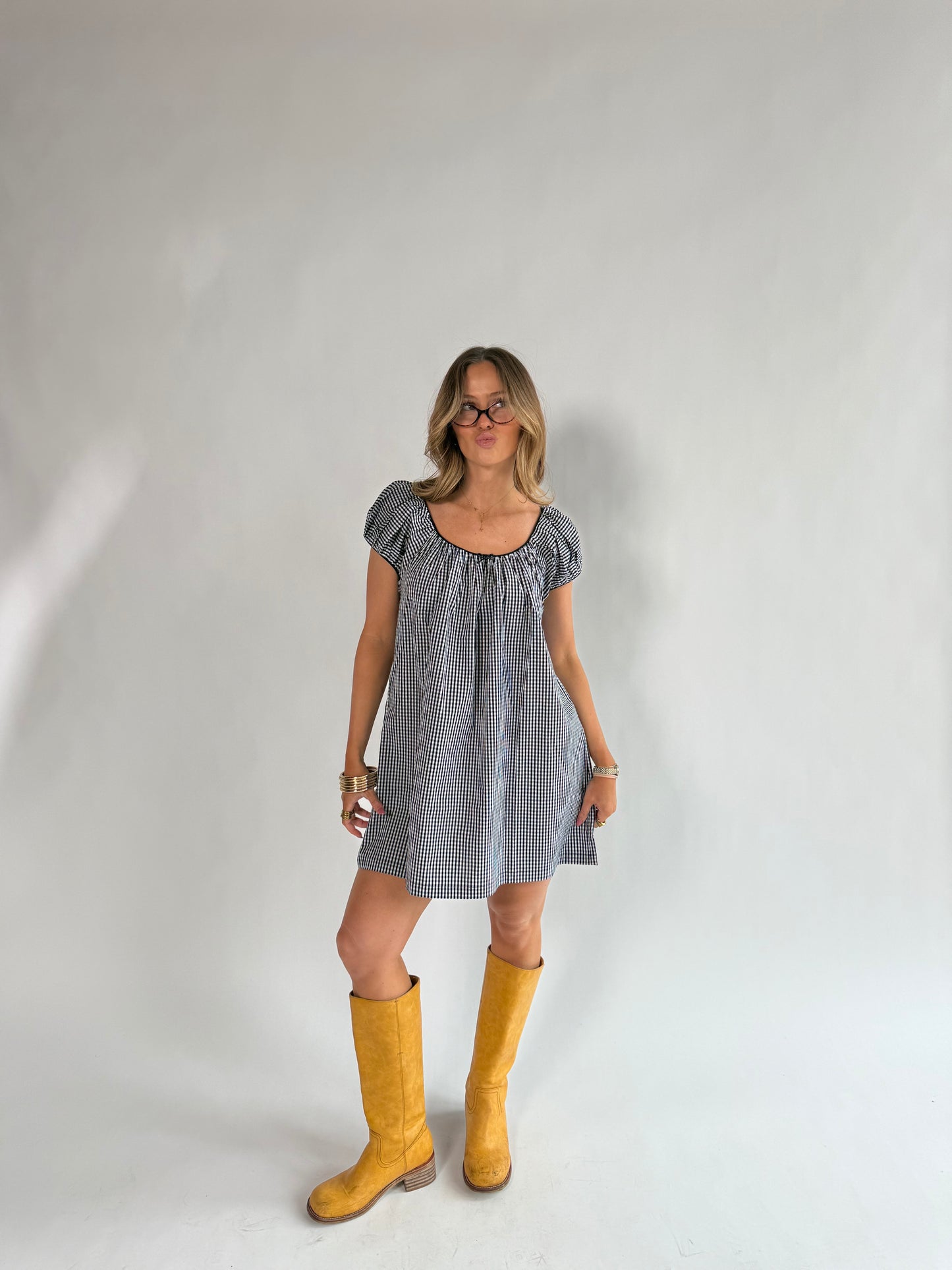 Kara Baby Doll Dress (Black Gingham)