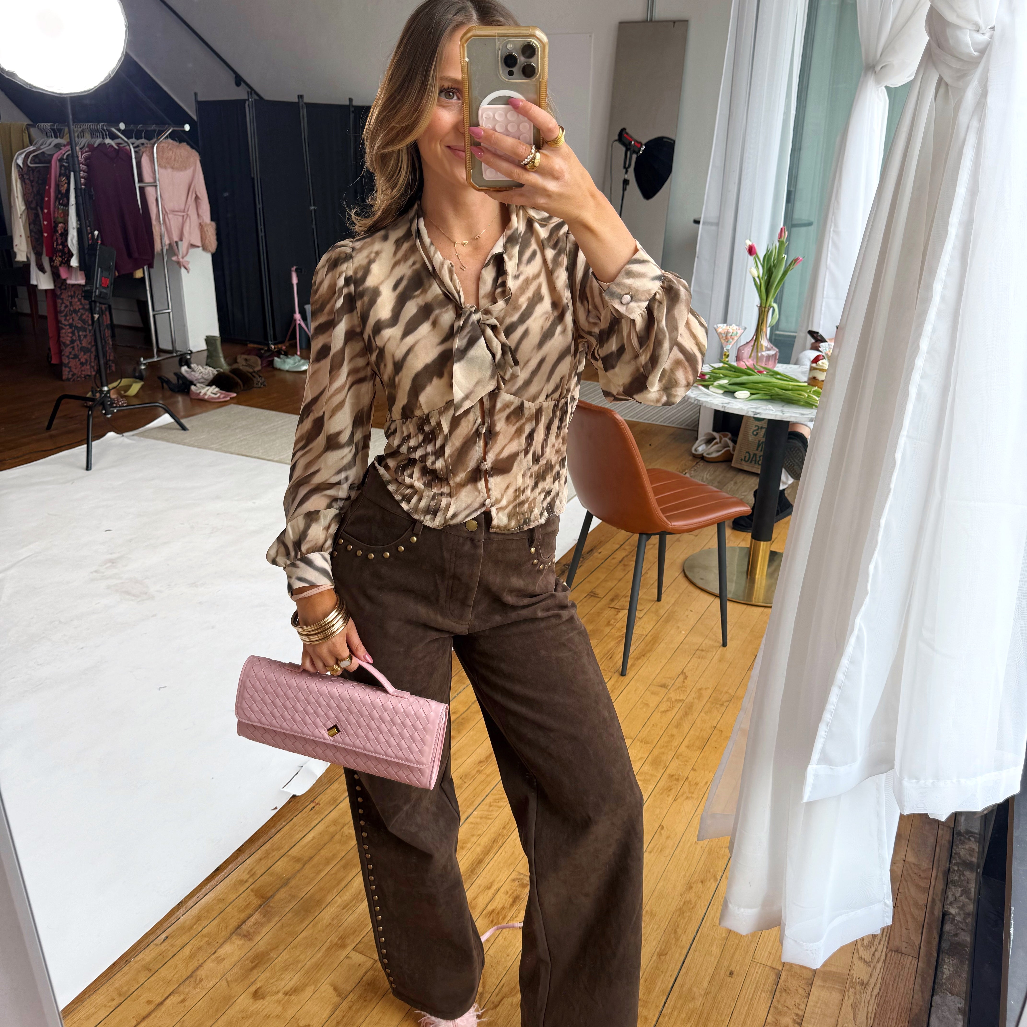 Brown Suede Studded Pants