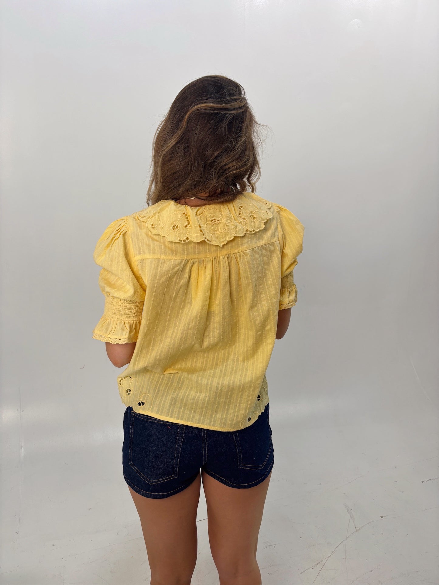 Butter Yellow Embroidered Collar Button Blouse