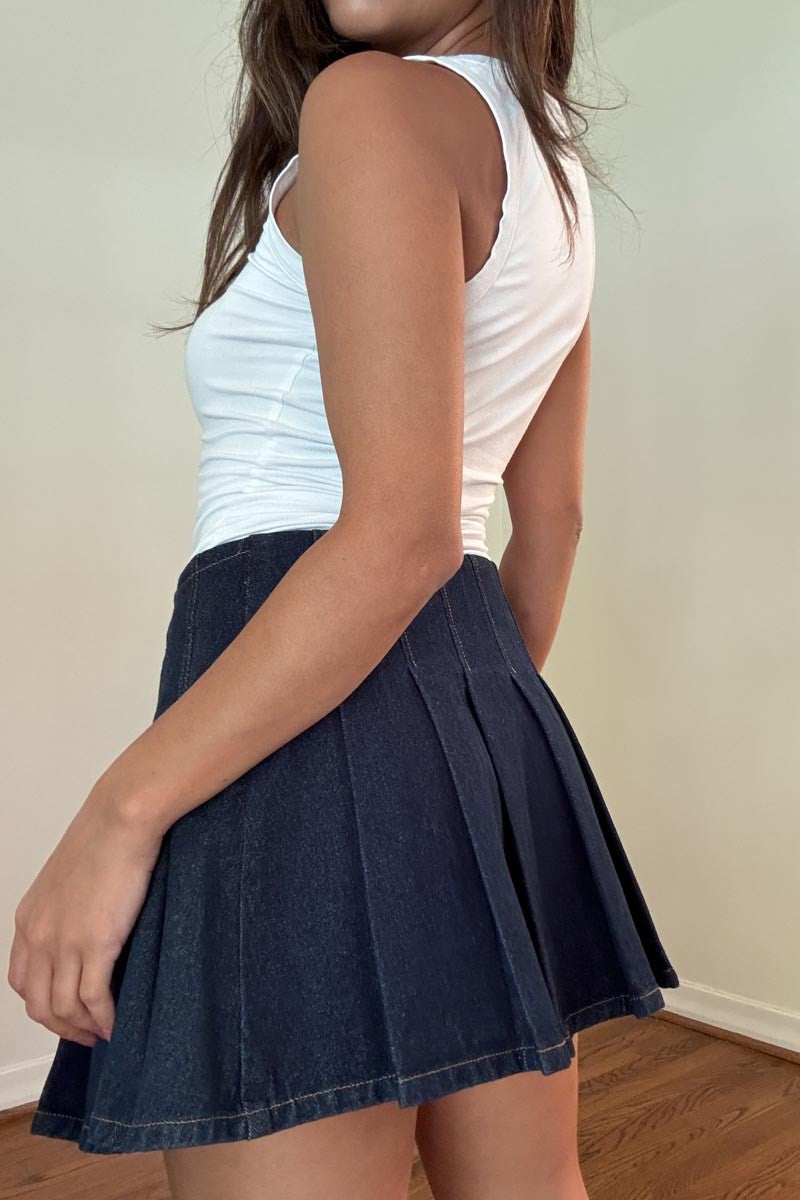 Indigo Denim Pleated Mini Skirt