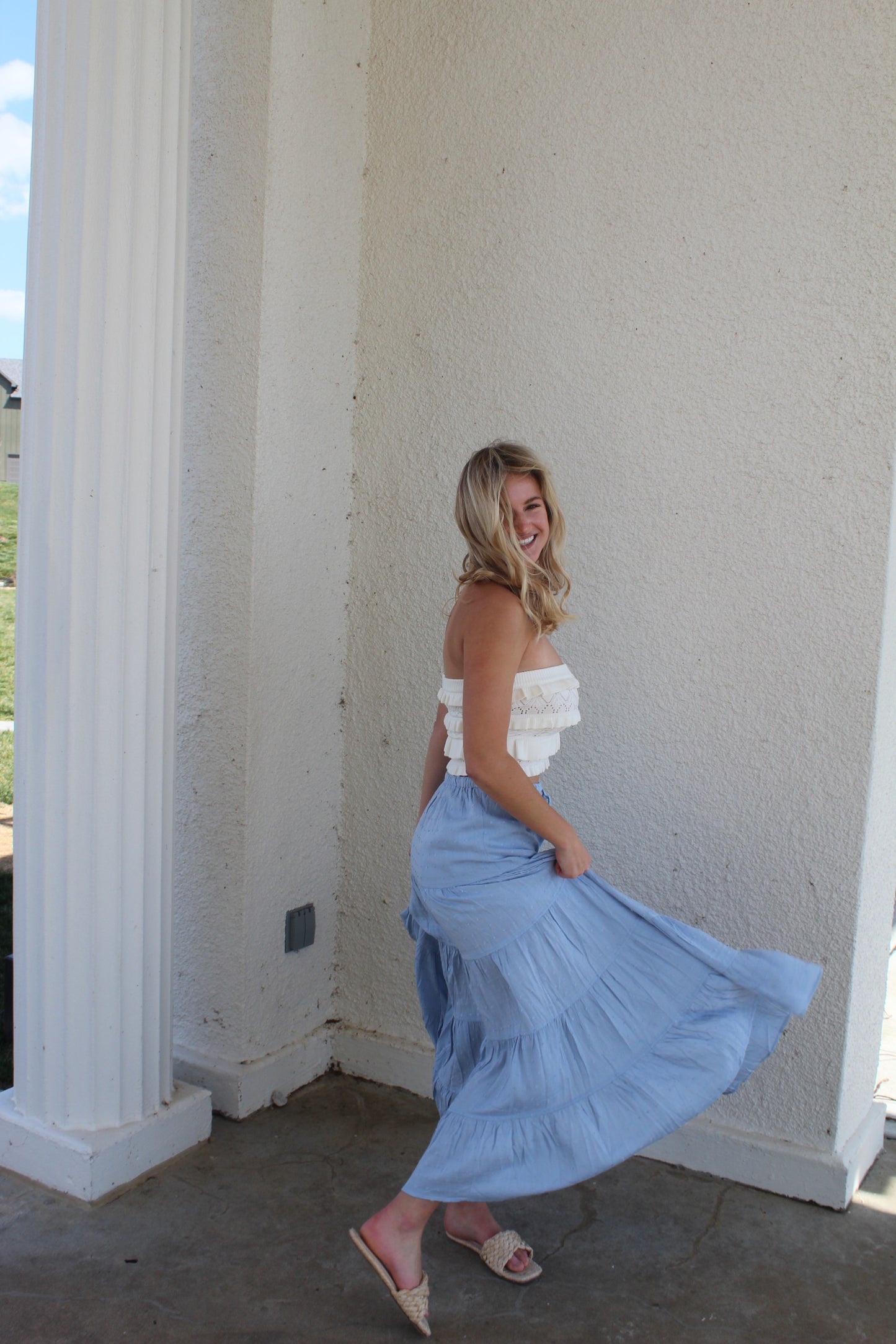 Baby Blue Tiered Midi Skirt