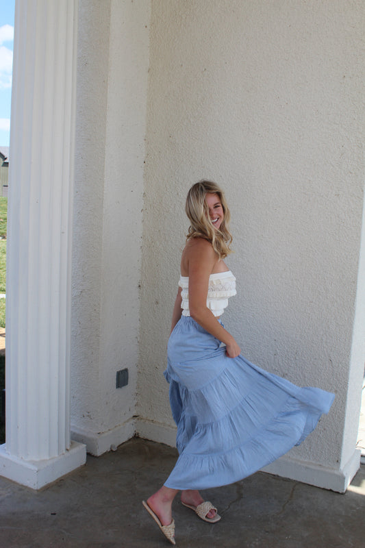 Baby Blue Tiered Midi Skirt