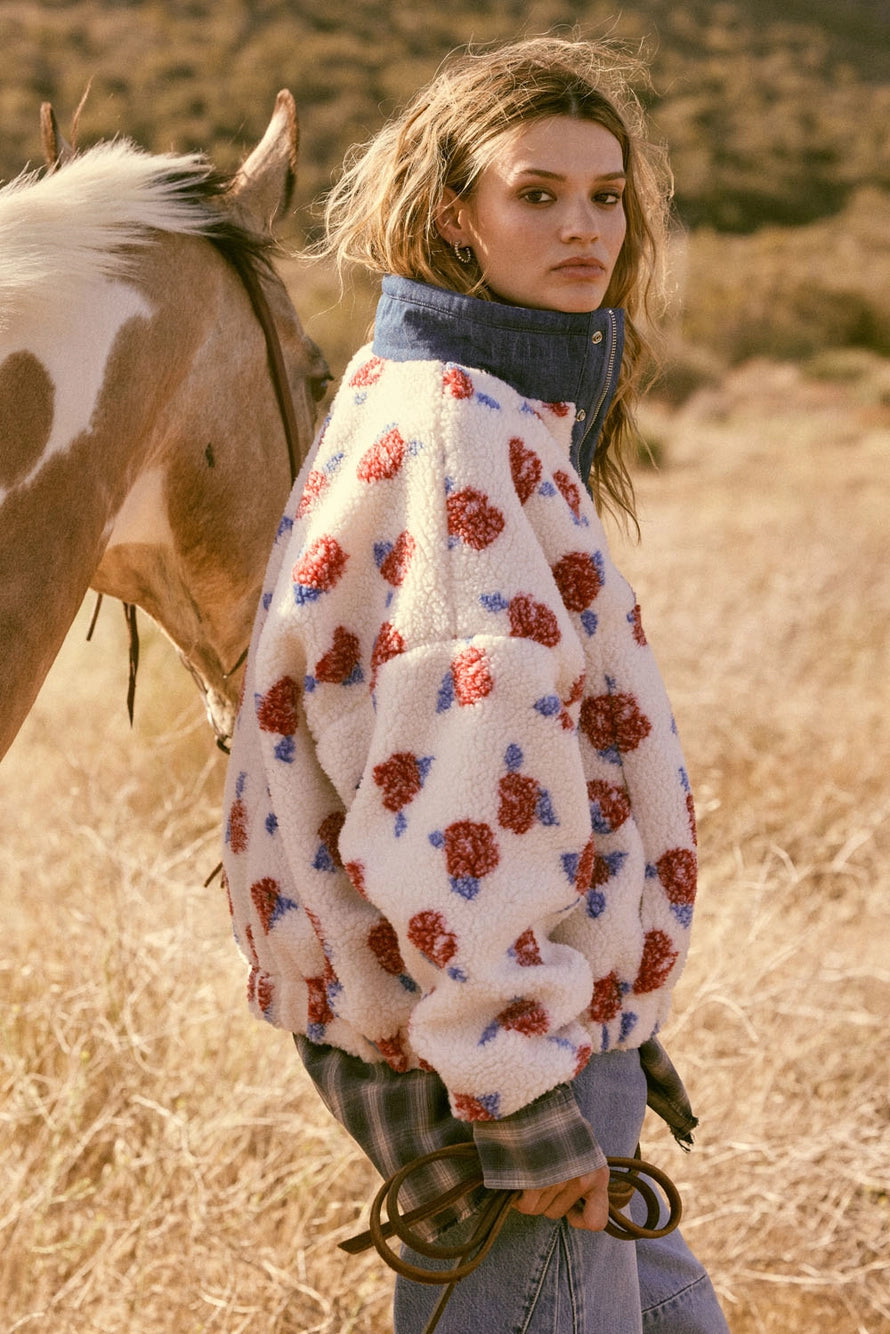 Floral Fleece and Denim Half Zip Pullover